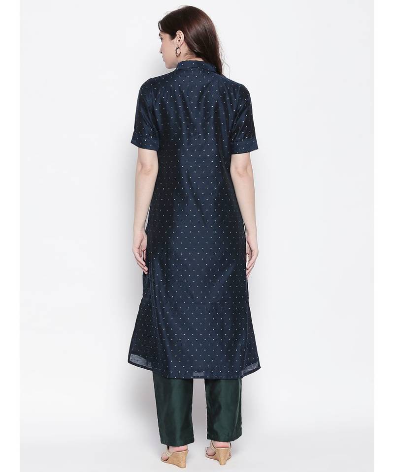 navy blue shirt collar, conceled placket, chanderi, short sleeve kurta