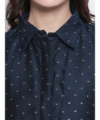 navy blue shirt collar, conceled placket, chanderi, short sleeve kurta 5