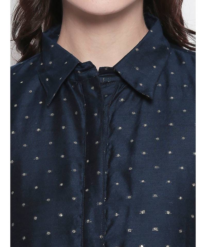 navy blue shirt collar, conceled placket, chanderi, short sleeve kurta