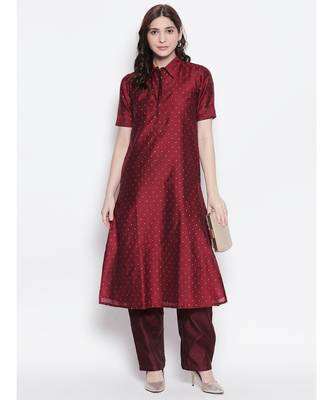 maroon shirt collar, conceled placket, chanderi, short sleeve kurta 1