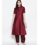 maroon shirt collar, conceled placket, chanderi, short sleeve kurta