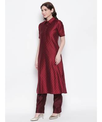 maroon shirt collar, conceled placket, chanderi, short sleeve kurta 2
