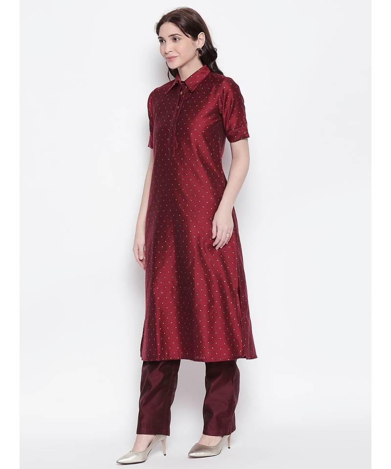 maroon shirt collar, conceled placket, chanderi, short sleeve kurta