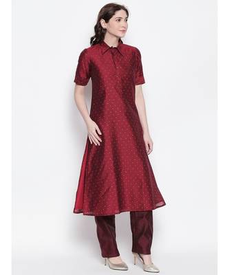 maroon shirt collar, conceled placket, chanderi, short sleeve kurta 3