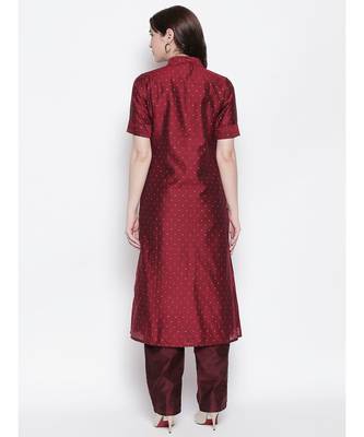 maroon shirt collar, conceled placket, chanderi, short sleeve kurta 4