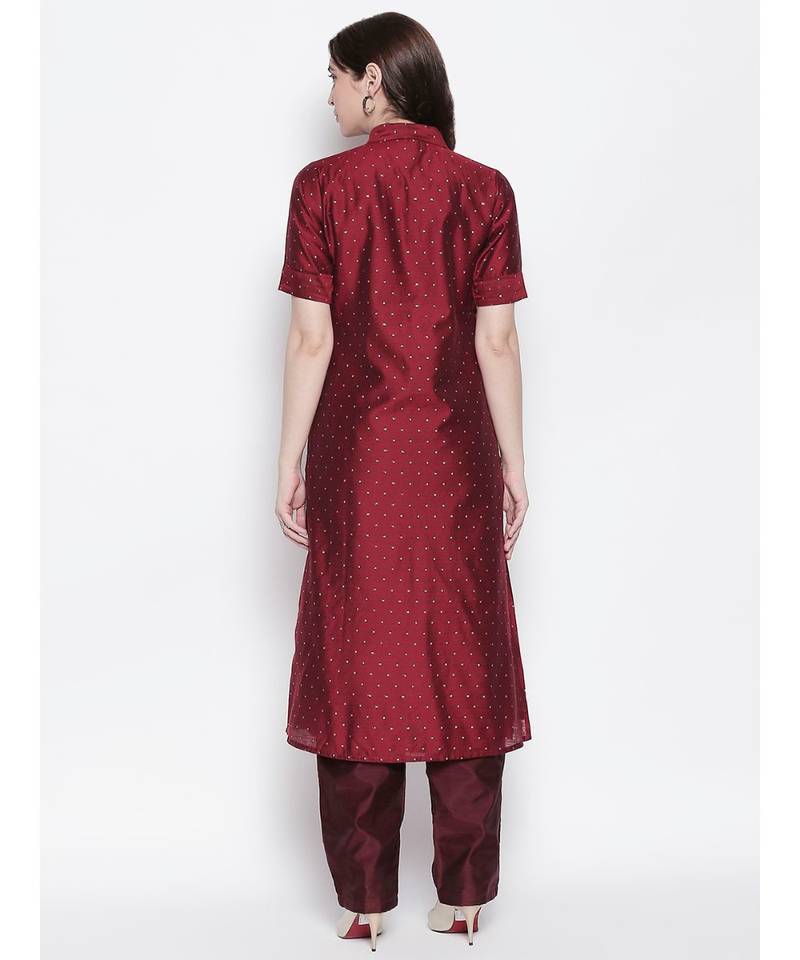 maroon shirt collar, conceled placket, chanderi, short sleeve kurta