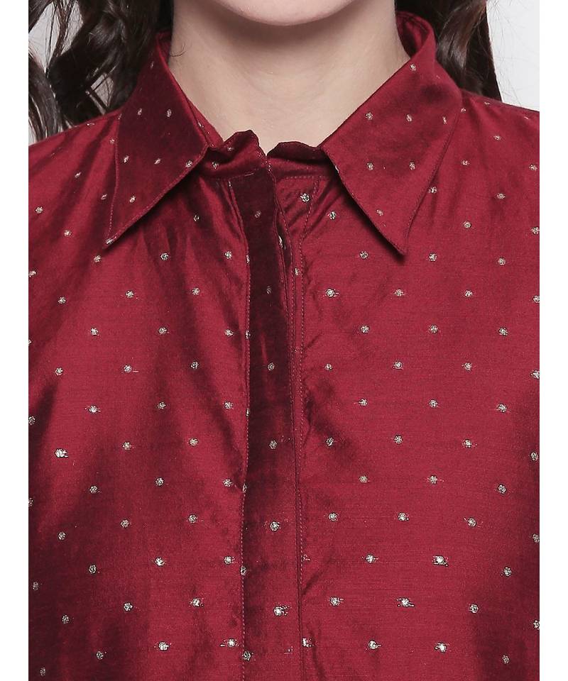 maroon shirt collar, conceled placket, chanderi, short sleeve kurta