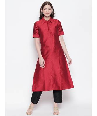 maroon shirt collar, conceled placket, art silk, short sleeve kurta 1