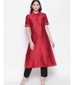 maroon shirt collar, conceled placket, art silk, short sleeve kurta