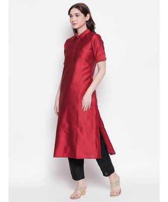 maroon shirt collar, conceled placket, art silk, short sleeve kurta 2