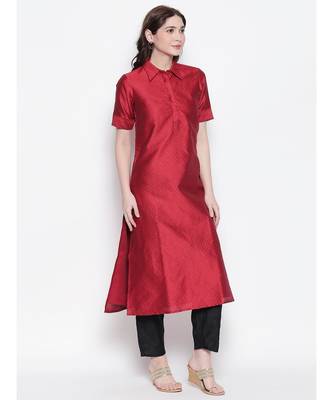 maroon shirt collar, conceled placket, art silk, short sleeve kurta 3
