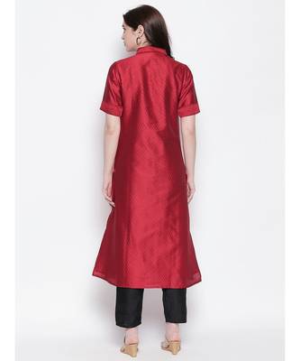 maroon shirt collar, conceled placket, art silk, short sleeve kurta 4