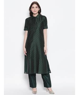 Dark Green shirt collar, conceled placket, chanderi, short sleeve kurta 1