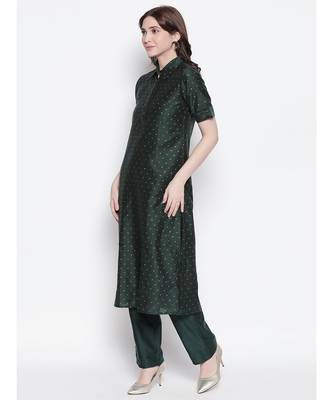 Dark Green shirt collar, conceled placket, chanderi, short sleeve kurta 2