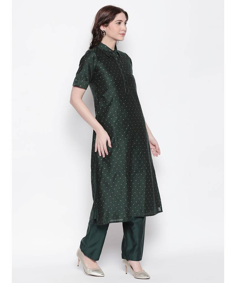 Dark Green shirt collar, conceled placket, chanderi, short sleeve kurta