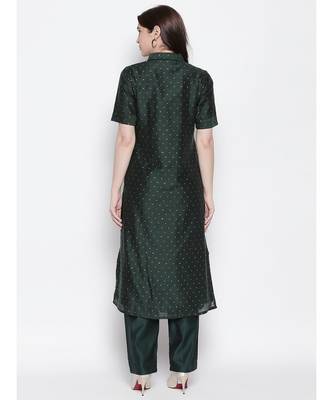Dark Green shirt collar, conceled placket, chanderi, short sleeve kurta 4