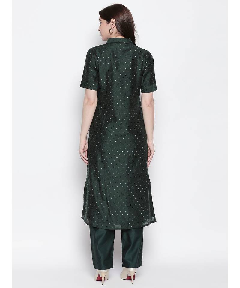 Dark Green shirt collar, conceled placket, chanderi, short sleeve kurta