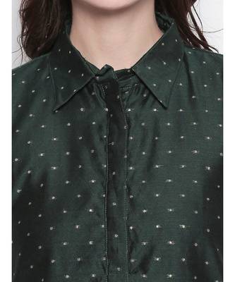 Dark Green shirt collar, conceled placket, chanderi, short sleeve kurta 5