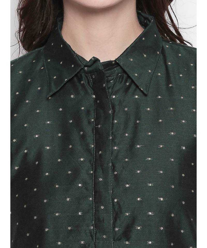 Dark Green shirt collar, conceled placket, chanderi, short sleeve kurta