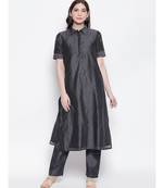Grey shirt collar, conceled placket, chanderi, short sleeve kurta