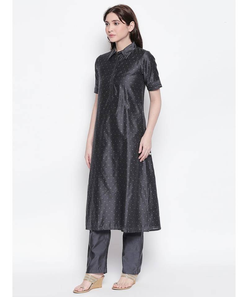 Grey shirt collar, conceled placket, chanderi, short sleeve kurta