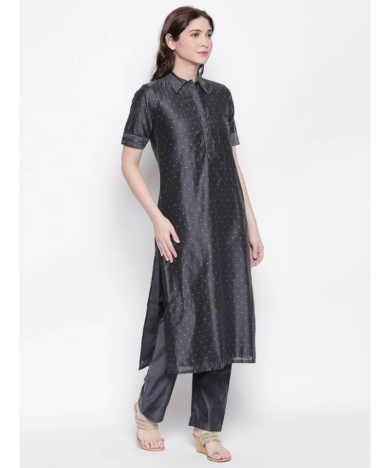 Grey shirt collar, conceled placket, chanderi, short sleeve kurta