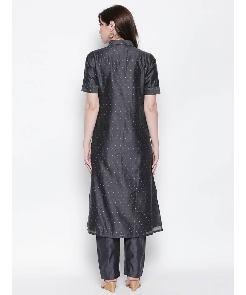Grey shirt collar, conceled placket, chanderi, short sleeve kurta