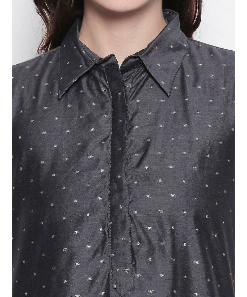Grey shirt collar, conceled placket, chanderi, short sleeve kurta