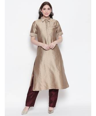 Beige shirt collar, conceled placket, art silk, short sleeve kurta 1