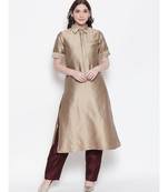 Beige shirt collar, conceled placket, art silk, short sleeve kurta
