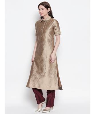 Beige shirt collar, conceled placket, art silk, short sleeve kurta 2
