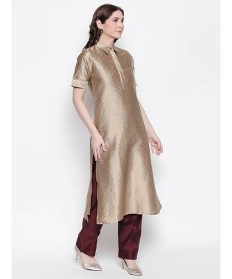 Beige shirt collar, conceled placket, art silk, short sleeve kurta 3