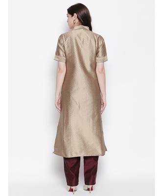 Beige shirt collar, conceled placket, art silk, short sleeve kurta 4