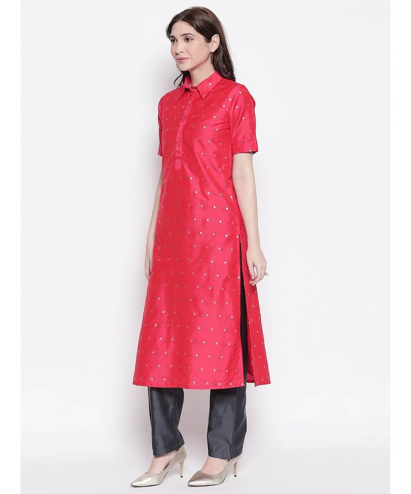 Tomato Red shirt collar, conceled placket, chanderi, short sleeve kurta