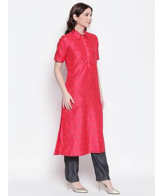 Tomato Red shirt collar, conceled placket, chanderi, short sleeve kurta 3