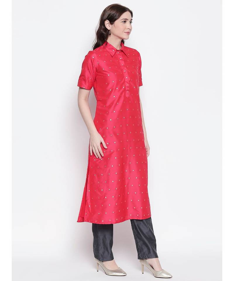 Tomato Red shirt collar, conceled placket, chanderi, short sleeve kurta