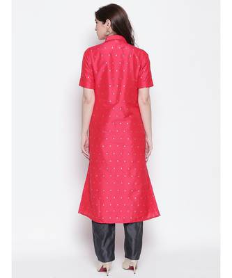 Tomato Red shirt collar, conceled placket, chanderi, short sleeve kurta 4