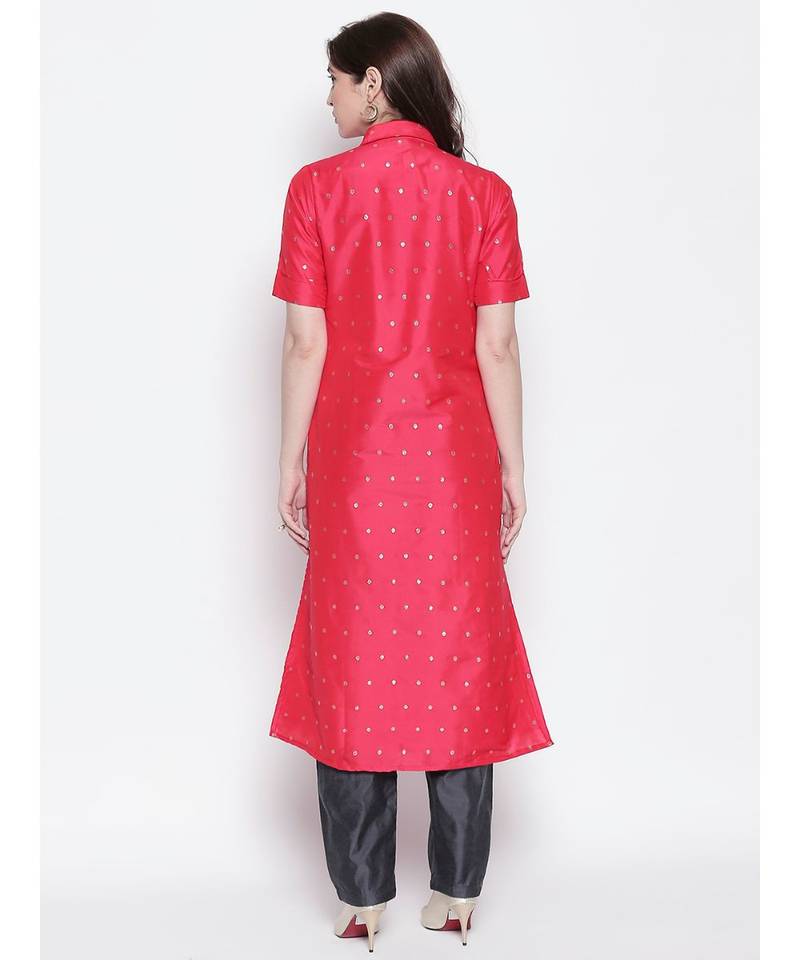 Tomato Red shirt collar, conceled placket, chanderi, short sleeve kurta
