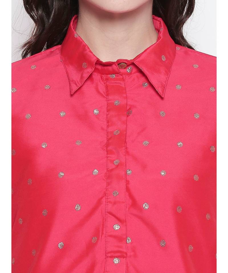 Tomato Red shirt collar, conceled placket, chanderi, short sleeve kurta