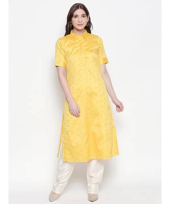 Yellow shirt collar, conceled placket, chanderi, short sleeve kurta 1
