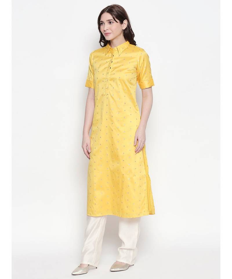 Yellow shirt collar, conceled placket, chanderi, short sleeve kurta