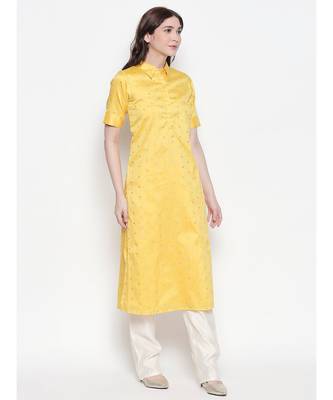 Yellow shirt collar, conceled placket, chanderi, short sleeve kurta 3