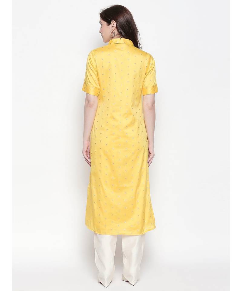 Yellow shirt collar, conceled placket, chanderi, short sleeve kurta