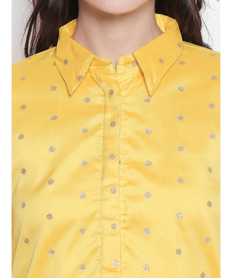 Yellow shirt collar, conceled placket, chanderi, short sleeve kurta