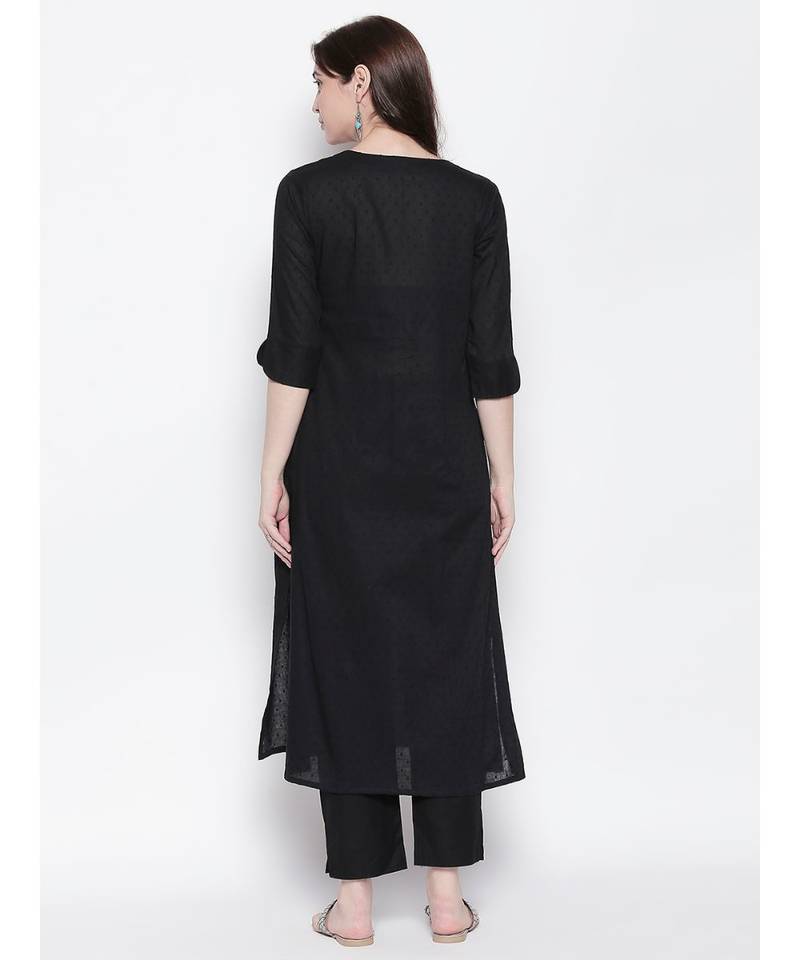 Black dobby dot pleated kurta