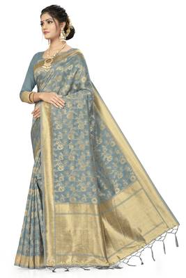 Grey Woven Art Silk Saree With Blouse 2