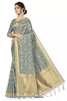 Grey Woven Art Silk Saree With Blouse