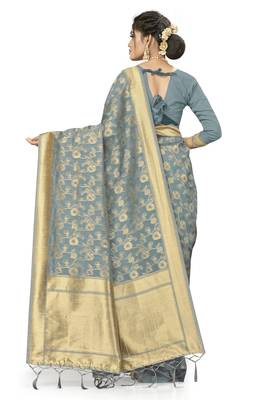Grey Woven Art Silk Saree With Blouse 3