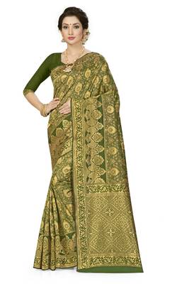 Mehendi woven banarasi silk saree with blouse 1