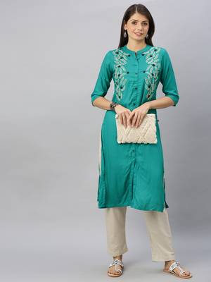 Teal embroidered viscose ethnic-kurtis 1
